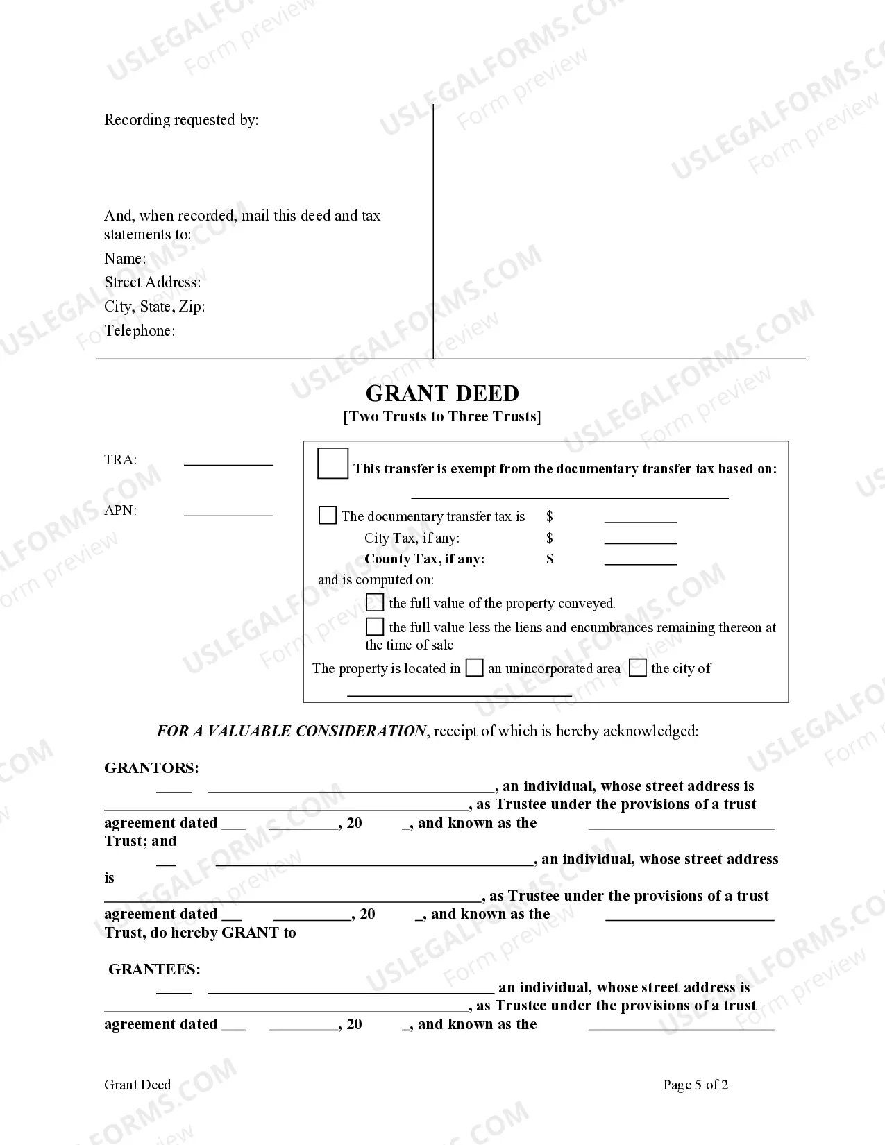 Preview Grant Deed from Two Trusts to Three Trusts.