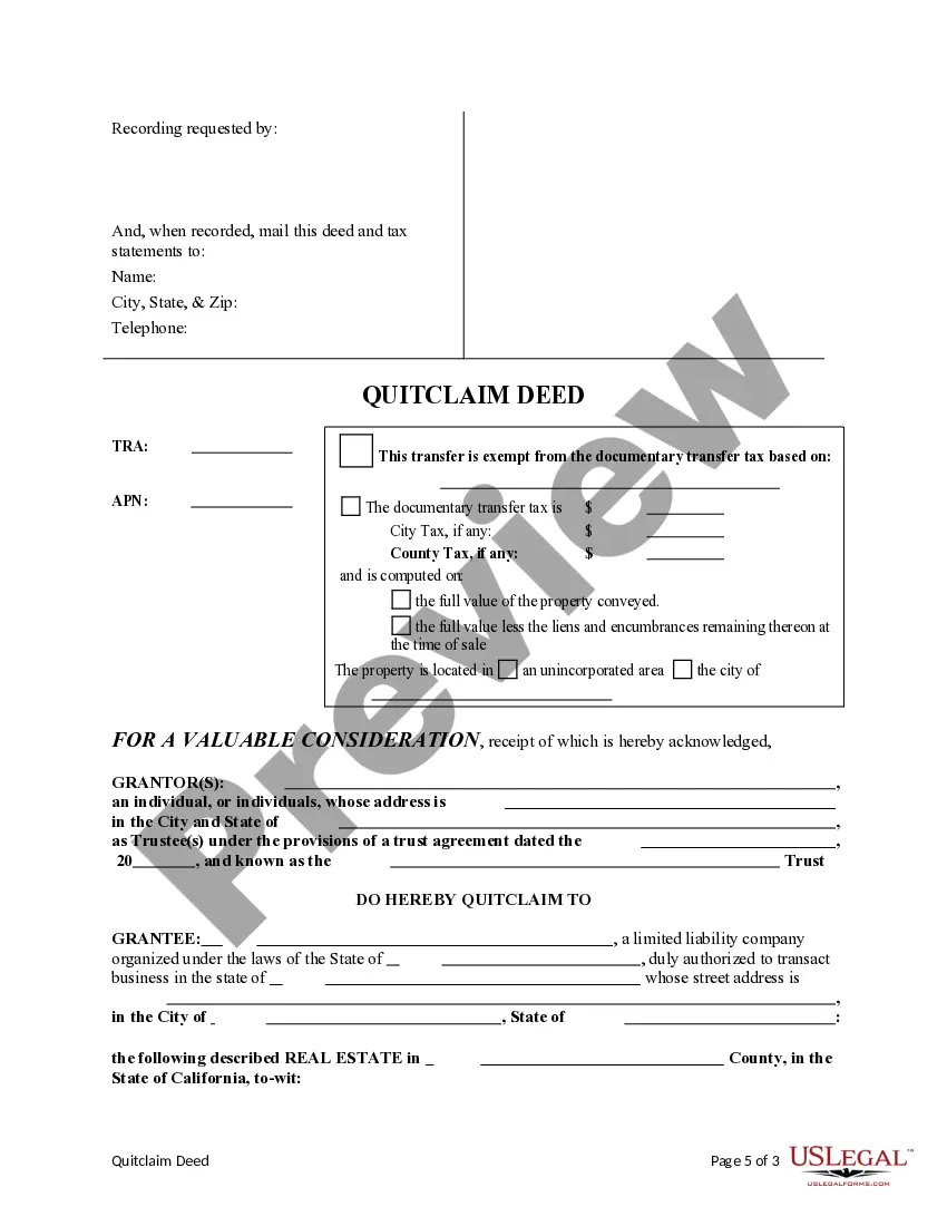 Preview Quitclaim Deed from a Trust to a Limited Liability Company