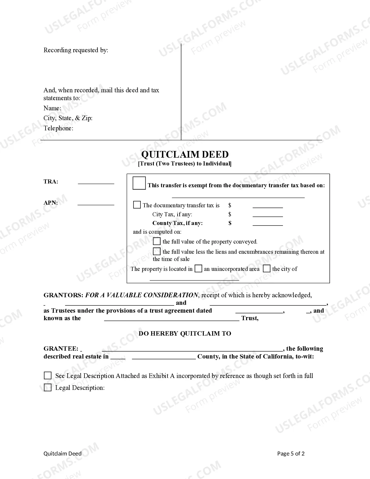 Preview Quitclaim Deed - Trust (Two Trustees) to an Individual