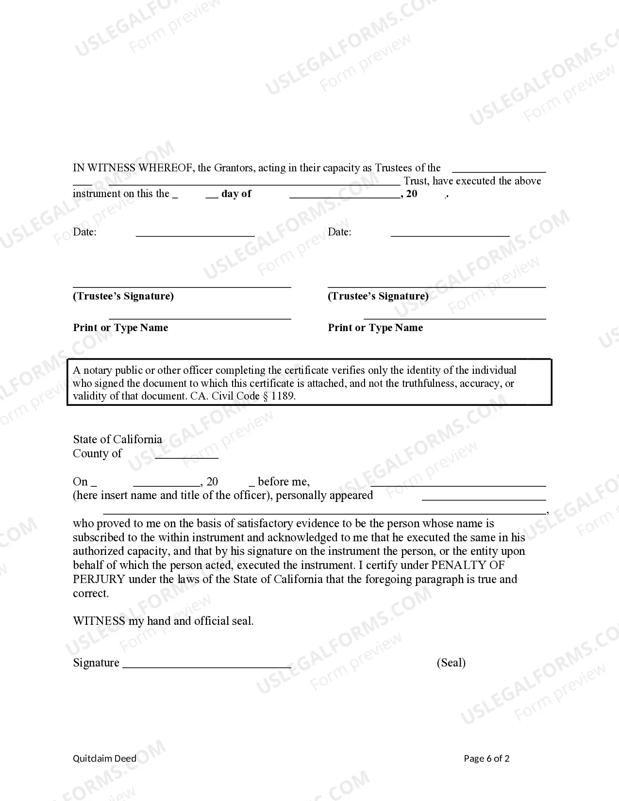 Preview Quitclaim Deed - Trust (Two Trustees) to an Individual