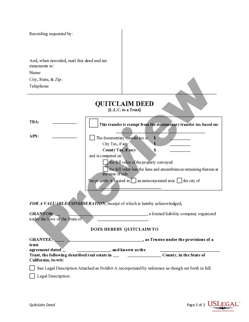 Preview Quitclaim Deed from a Limited Liability Company to a Trust