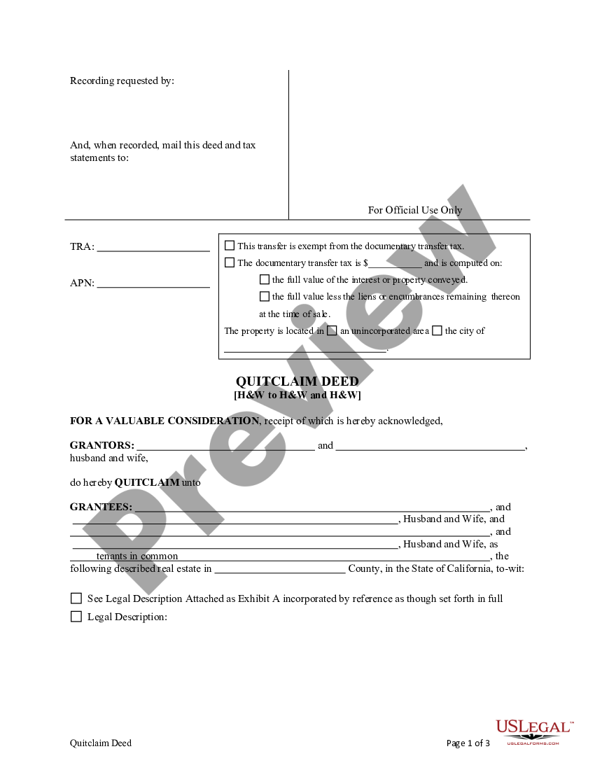 Concord California Quitclaim Deed From Husband And Wife To Husband And Wife And Husband And Wife 8891