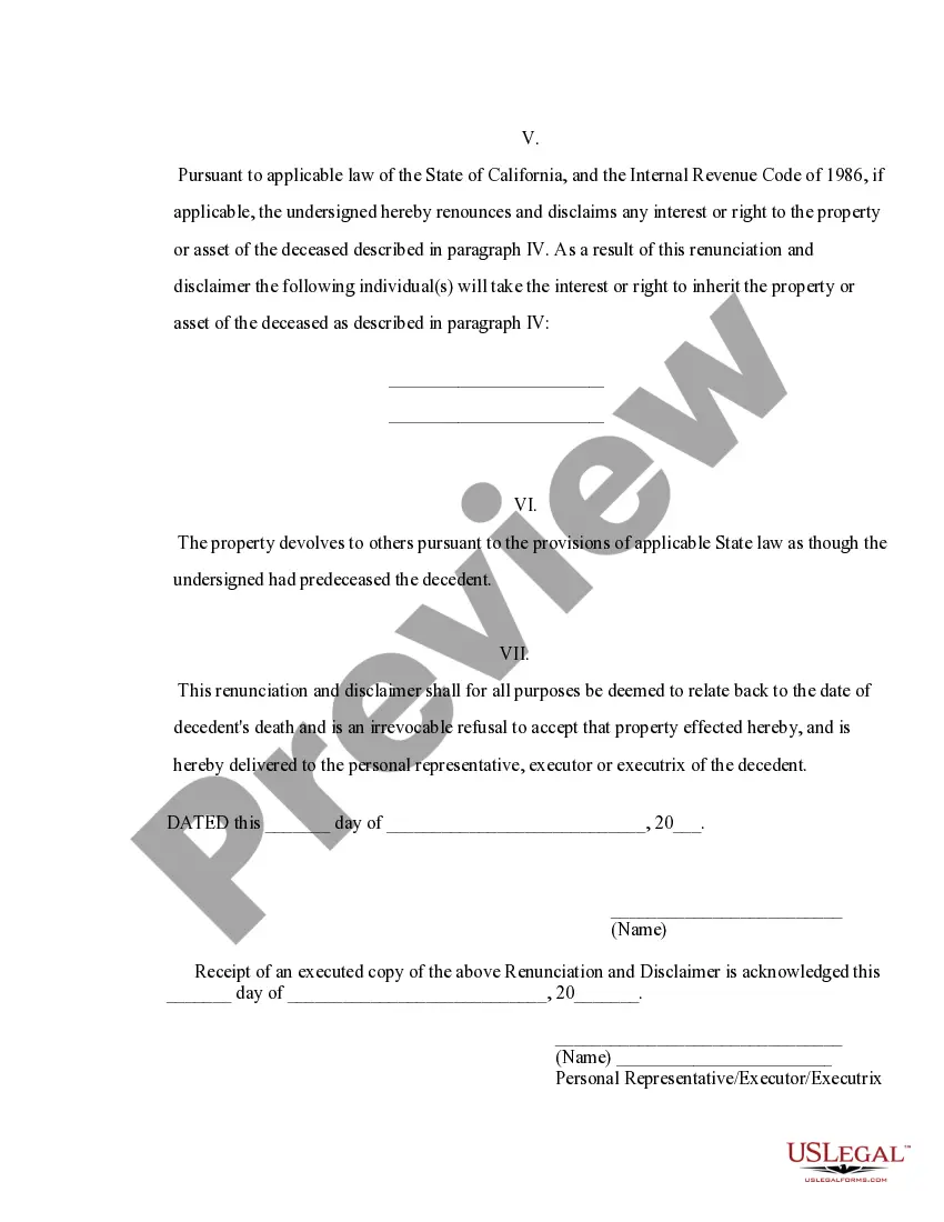 Preview California Renunciation and Disclaimer of Joint Tenant or Tenancy Interest