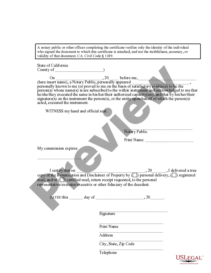 Preview California Renunciation and Disclaimer of Joint Tenant or Tenancy Interest