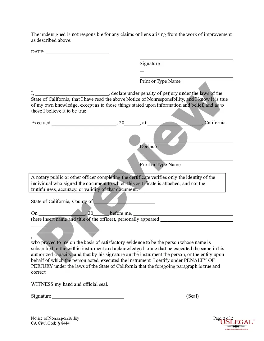 Preview Notice of Nonresponsibility - Construction Liens - CA Civil Code Section 8444 - Individual