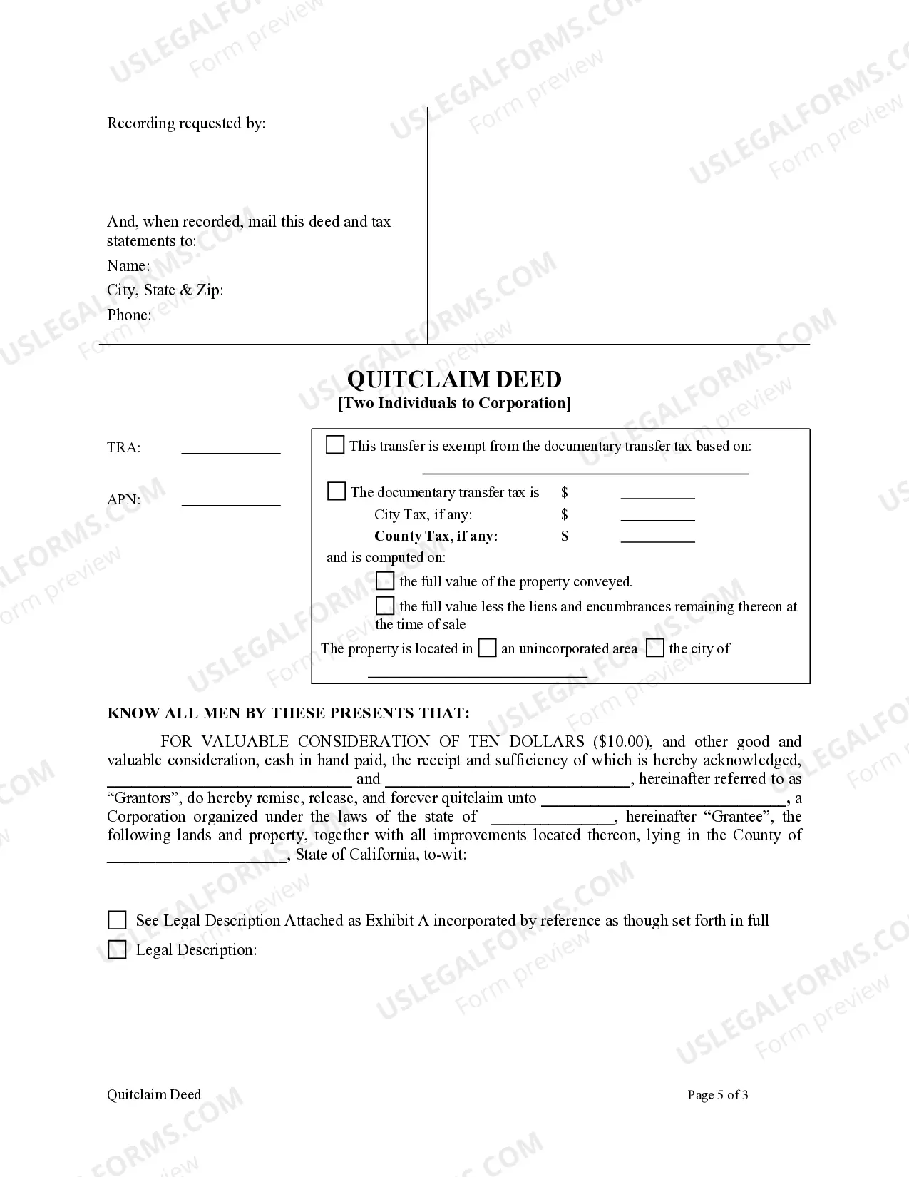 Preview Quitclaim Deed by Two Individuals to Corporation