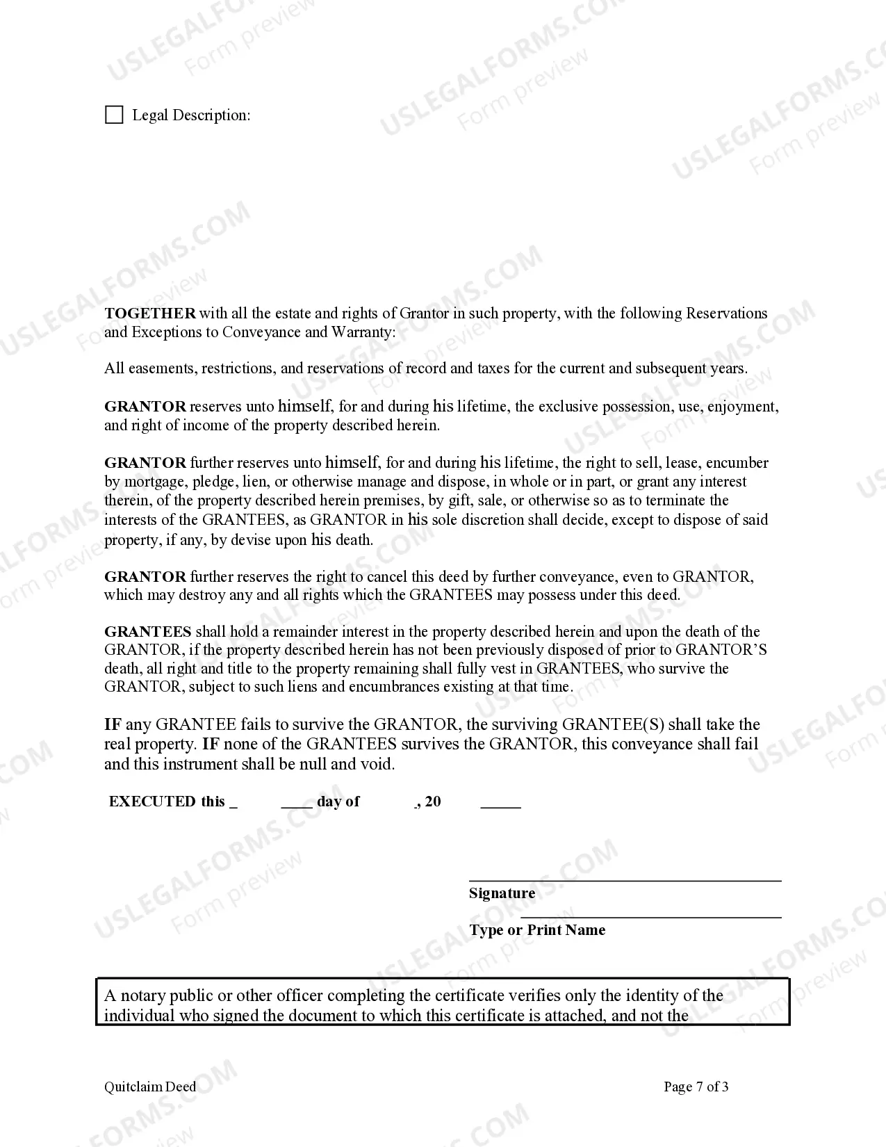 Preview Enhanced Life Estate or Lady Bird Quitclaim Deed from an Individual to three Individuals