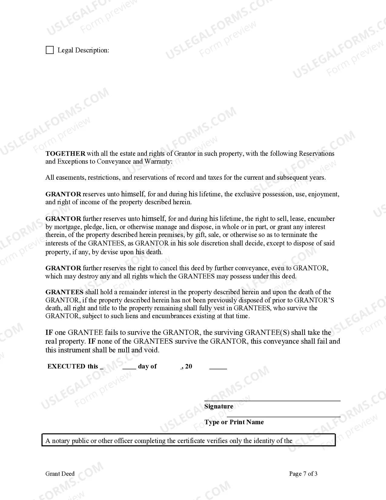 Preview Enhanced Life Estate or Lady Bird Grant Deed from an Individual to Three Individuals