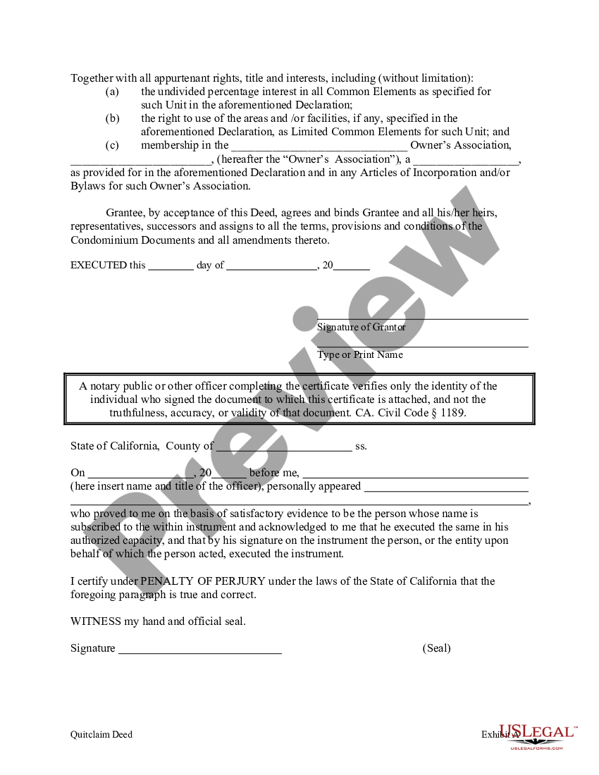 San Diego California Quitclaim Deed For A Condominium From Two Individual One Deceased To An 7456