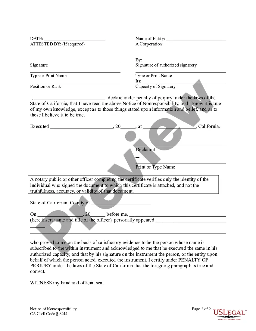 Preview Notice of Nonresponsibility - Construction Liens - Business Entity - Civil Code Section 8444