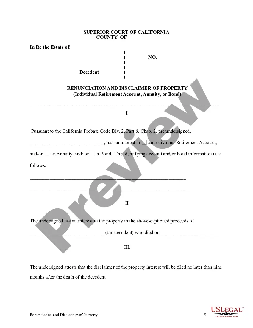 Preview California Renunciation and Disclaimer of Individual Retirement Account, Annuity, or Bond