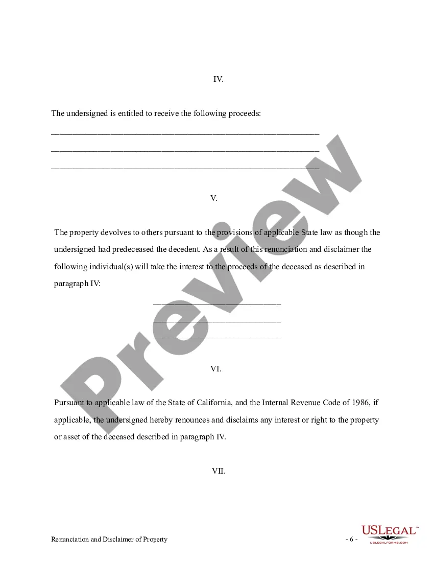 Preview California Renunciation and Disclaimer of Individual Retirement Account, Annuity, or Bond