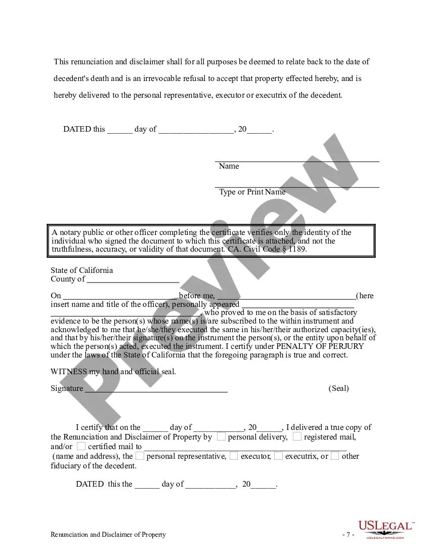 Preview California Renunciation and Disclaimer of Individual Retirement Account, Annuity, or Bond