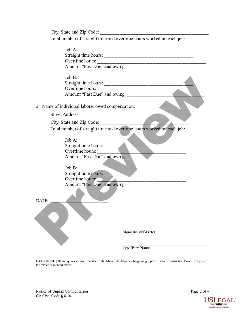 Preview Notice of Unpaid Compensation - Construction Liens - Civil Code Section 8104 - Individual