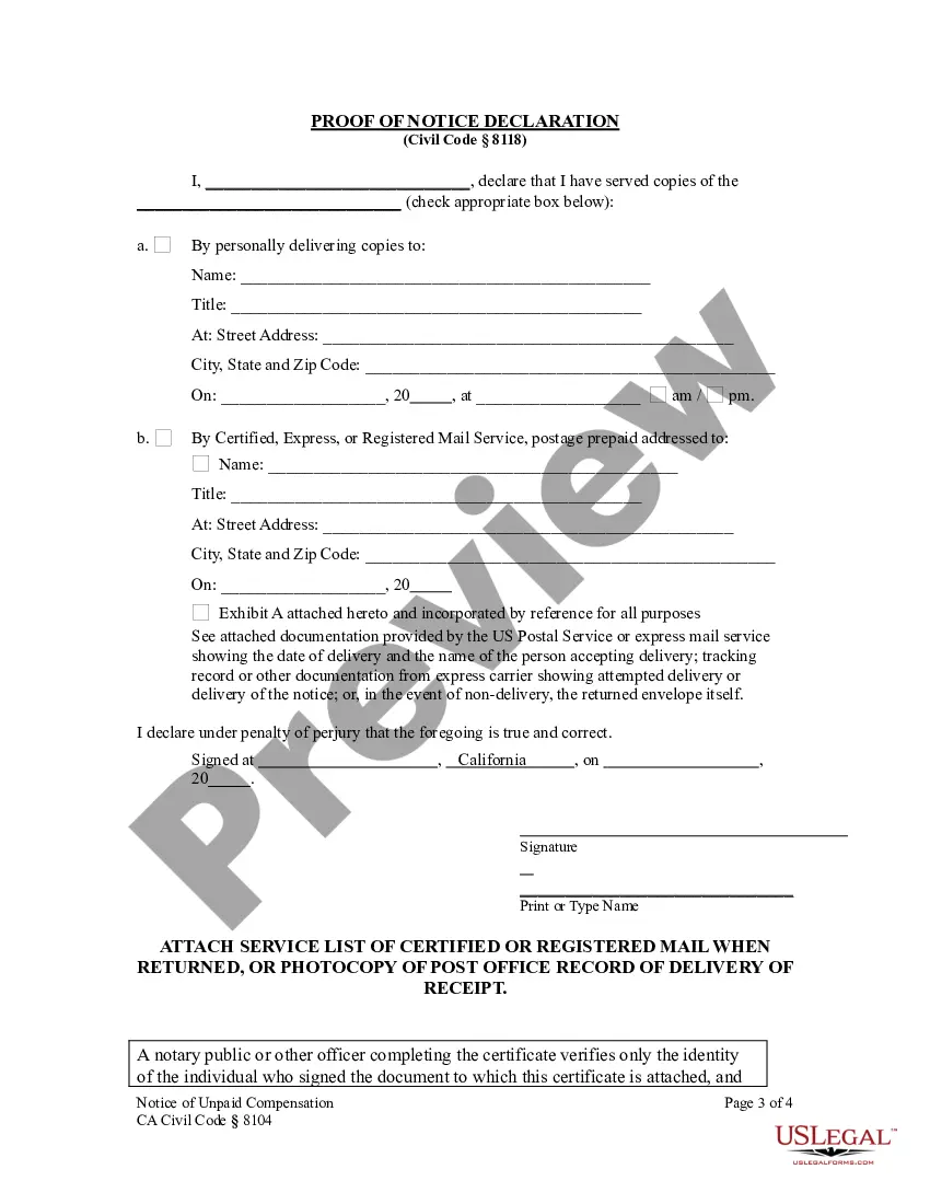 Preview Notice of Unpaid Compensation - Construction Liens - Civil Code Section 8104 - Individual