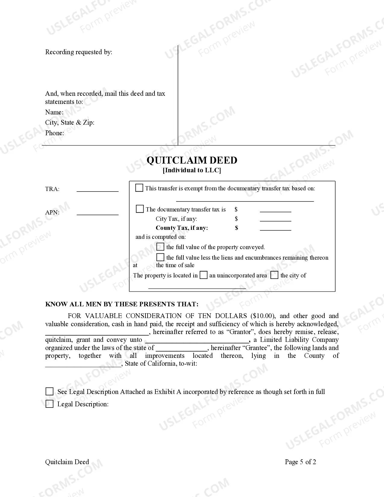 Preview Quitclaim Deed from Individual to LLC