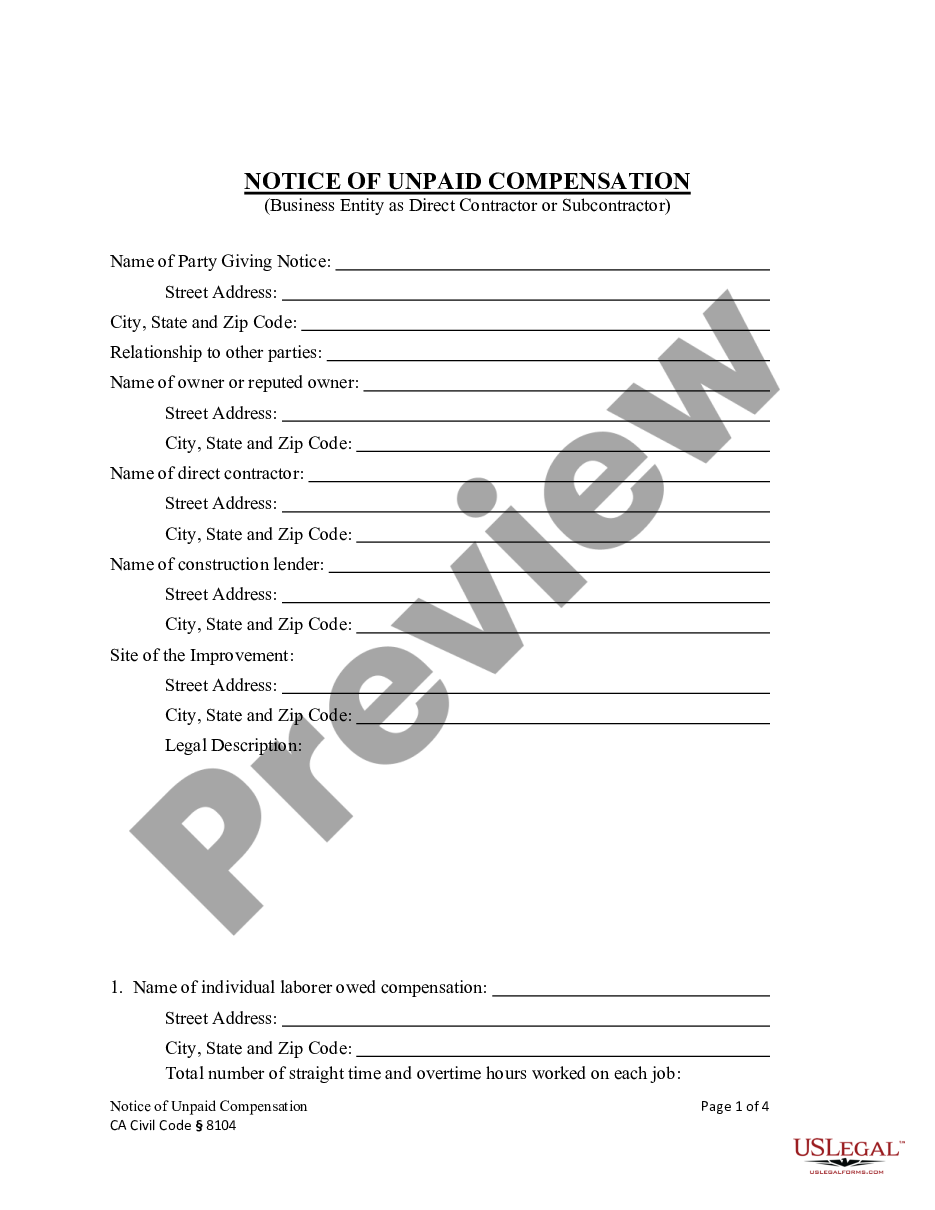 page 0 Notice of Unpaid Compensation - Construction Liens - Business Entity - Corporation or LLC - Civil Code Section 8104 preview