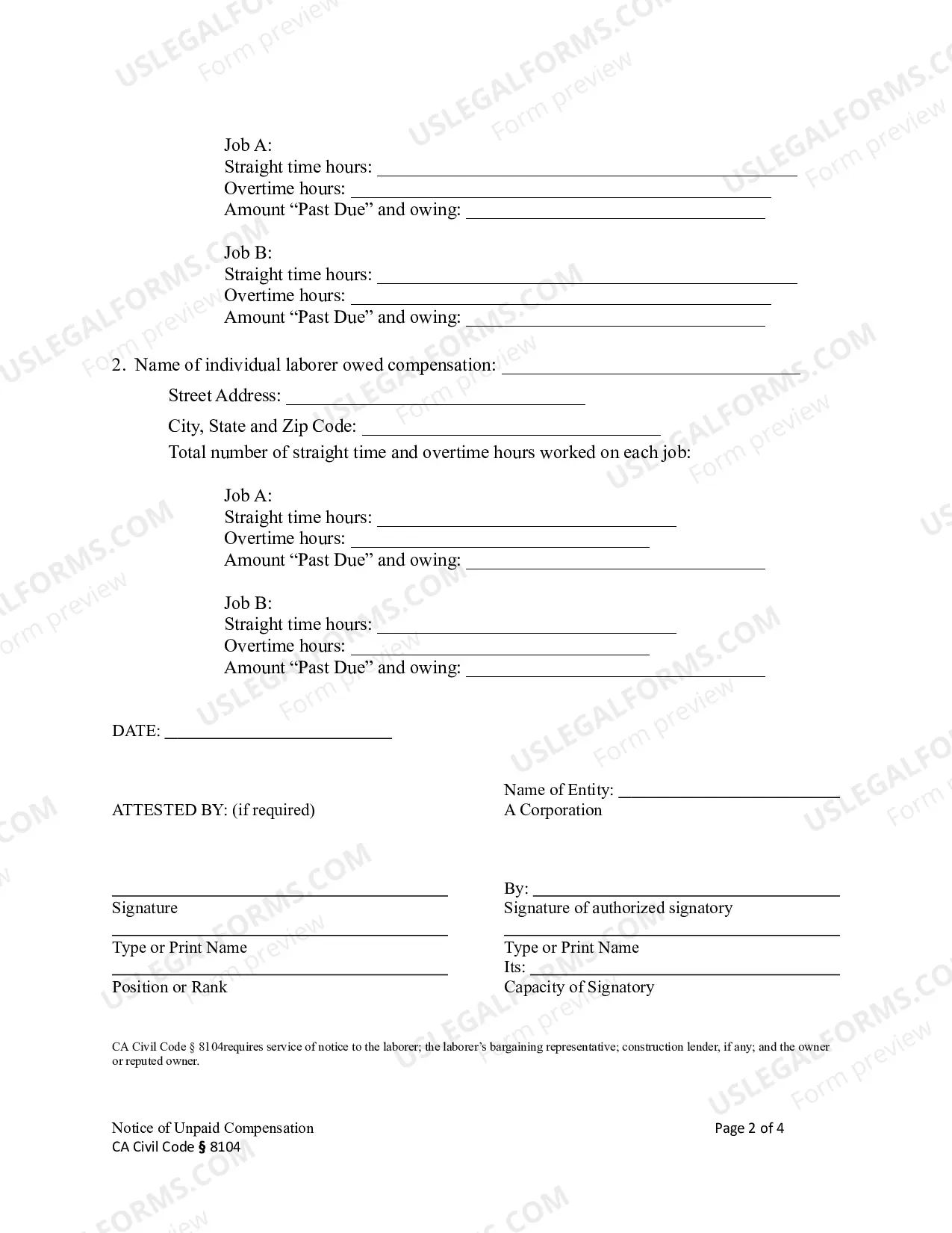 Preview Notice of Unpaid Compensation - Construction Liens - Civil Code Section 8104 - Business Entity