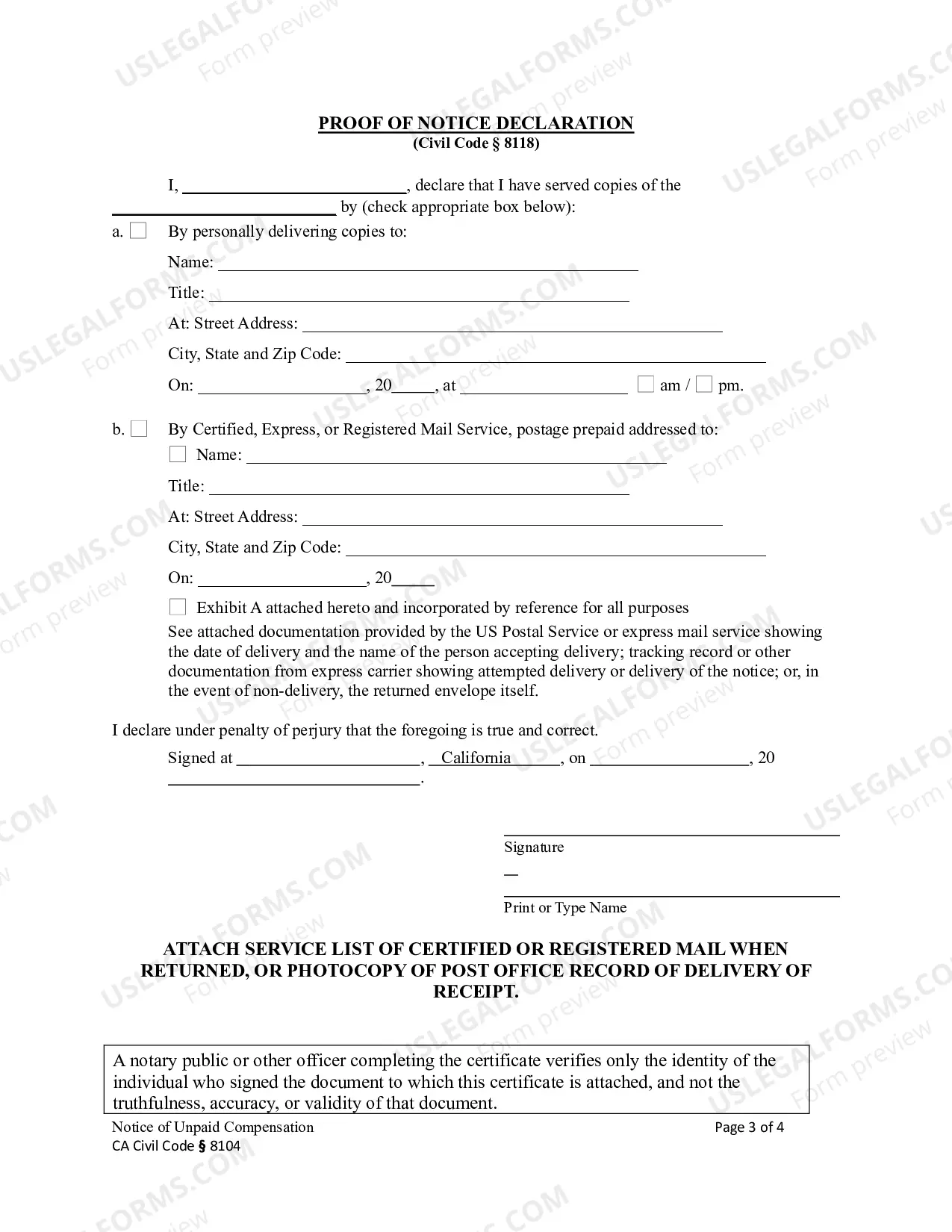 Preview Notice of Unpaid Compensation - Construction Liens - Civil Code Section 8104 - Business Entity