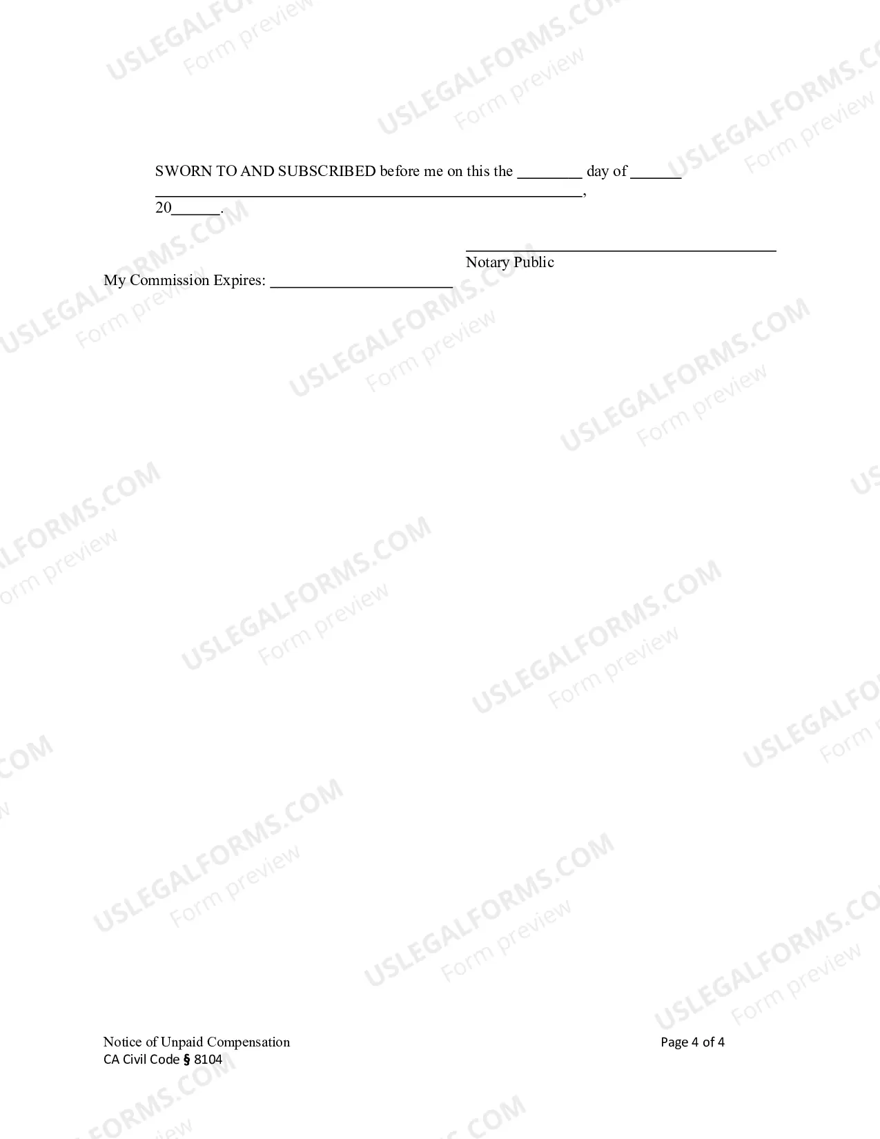 Preview Notice of Unpaid Compensation - Construction Liens - Civil Code Section 8104 - Business Entity