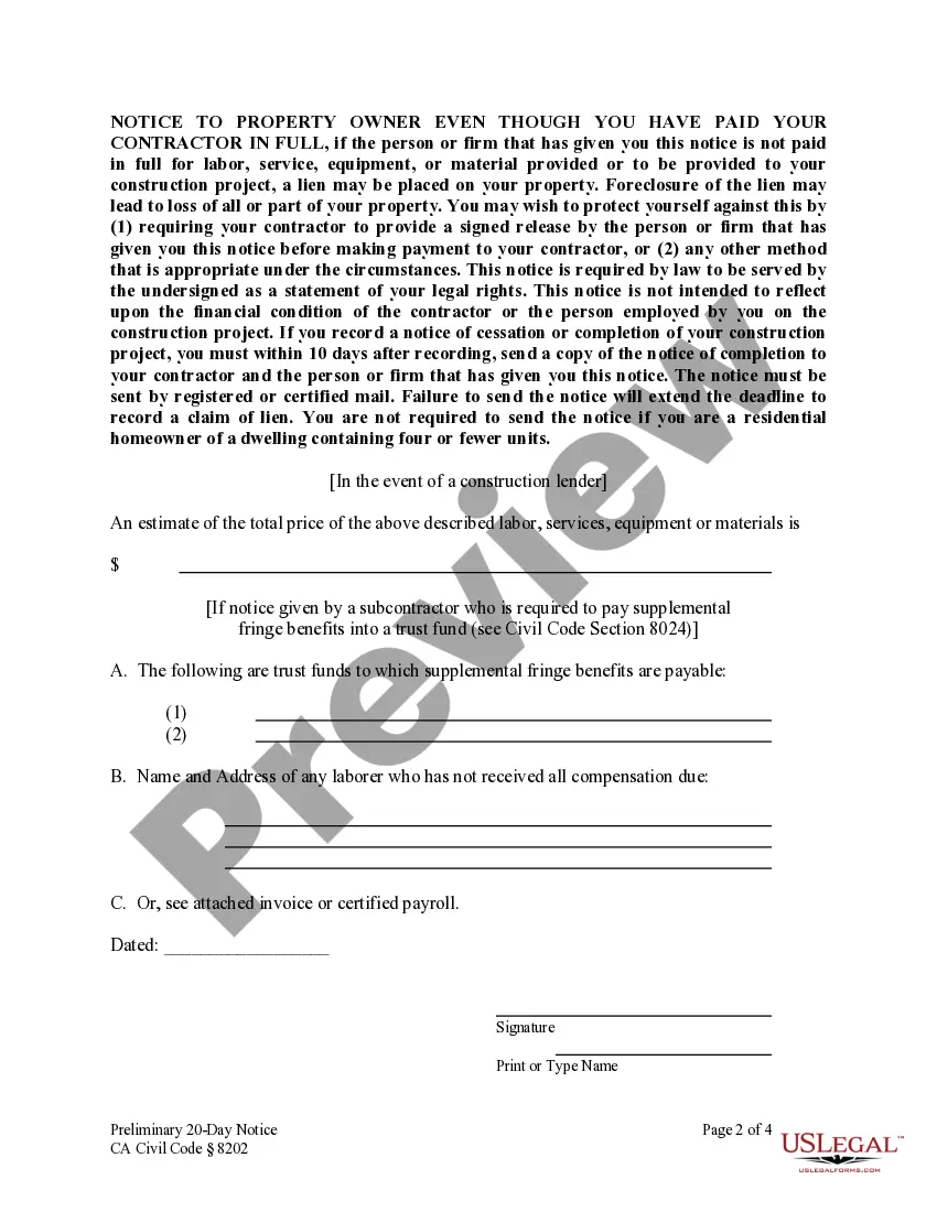 Preview Preliminary 20 Day Notice - Construction Liens - Civil Code Section 8200 - Individual