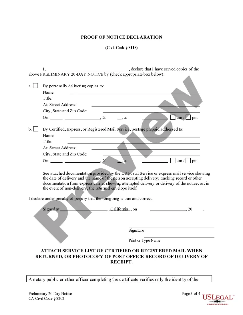 Preview Preliminary 20 Day Notice - Construction Liens - Civil Code Section 8200 - Individual