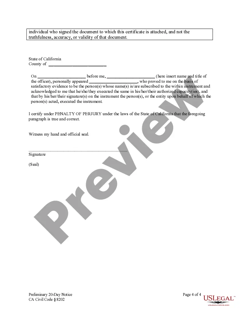 Preview Preliminary 20 Day Notice - Construction Liens - Civil Code Section 8200 - Individual