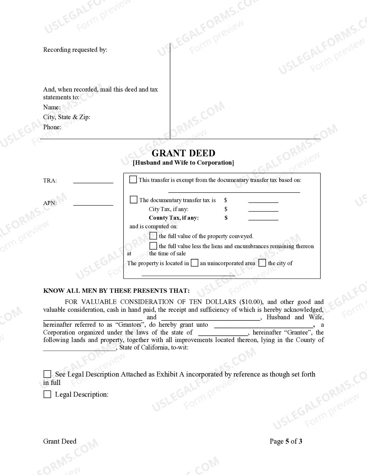 Preview Grant Deed from Husband and Wife to Corporation
