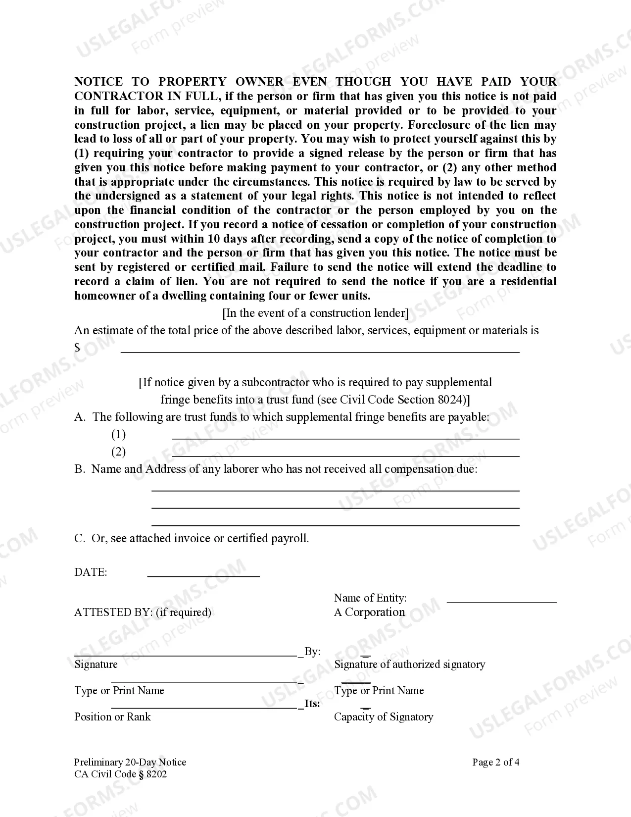 Preview Preliminary 20 Day Notice - Construction Liens - Civil Code Section 8200 - Corporation