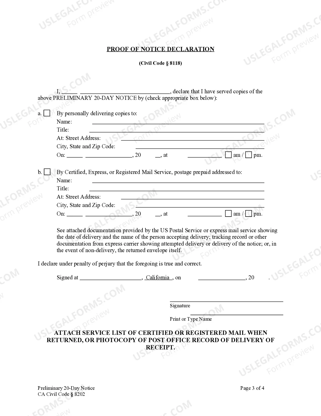 Preview Preliminary 20 Day Notice - Construction Liens - Civil Code Section 8200 - Corporation