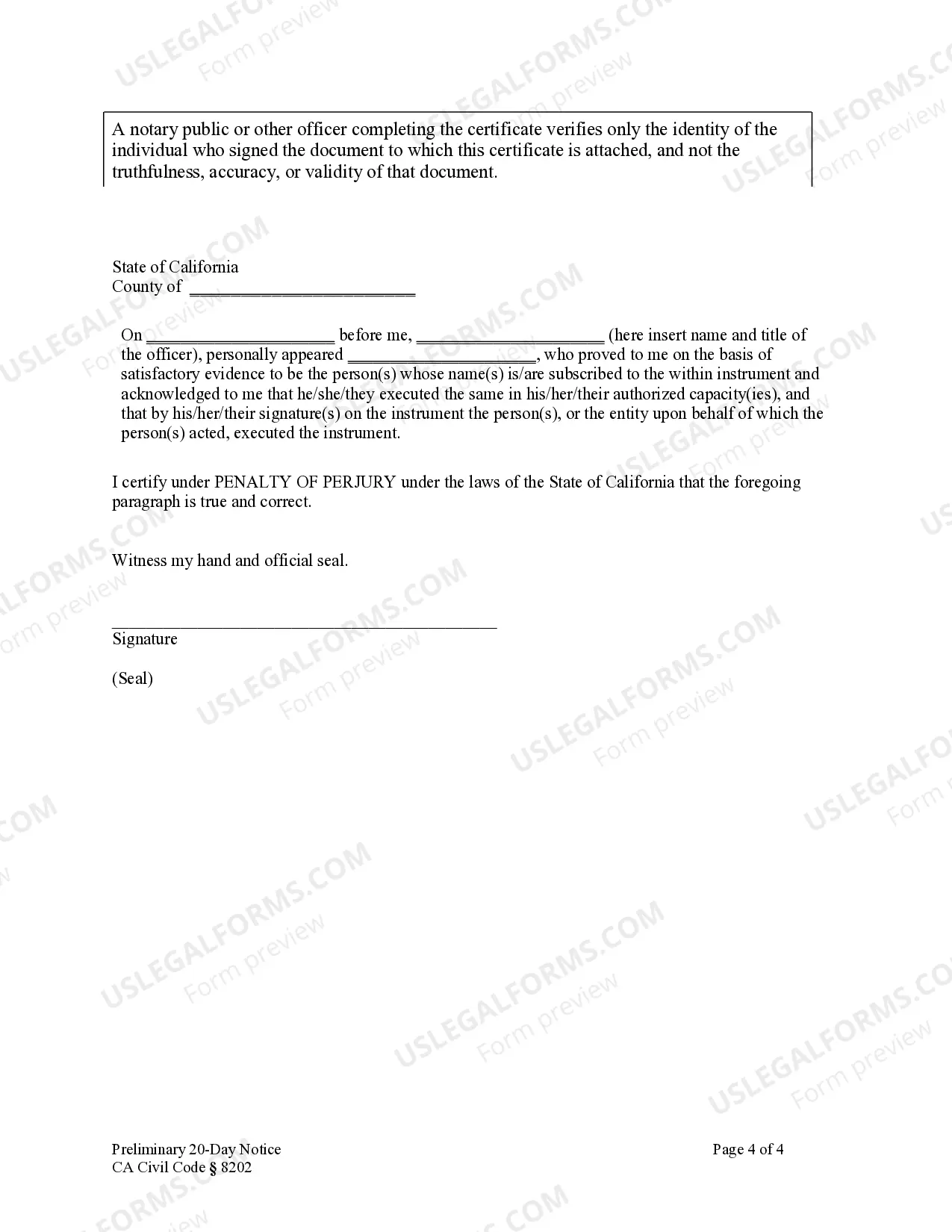 Preview Preliminary 20 Day Notice - Construction Liens - Civil Code Section 8200 - Corporation