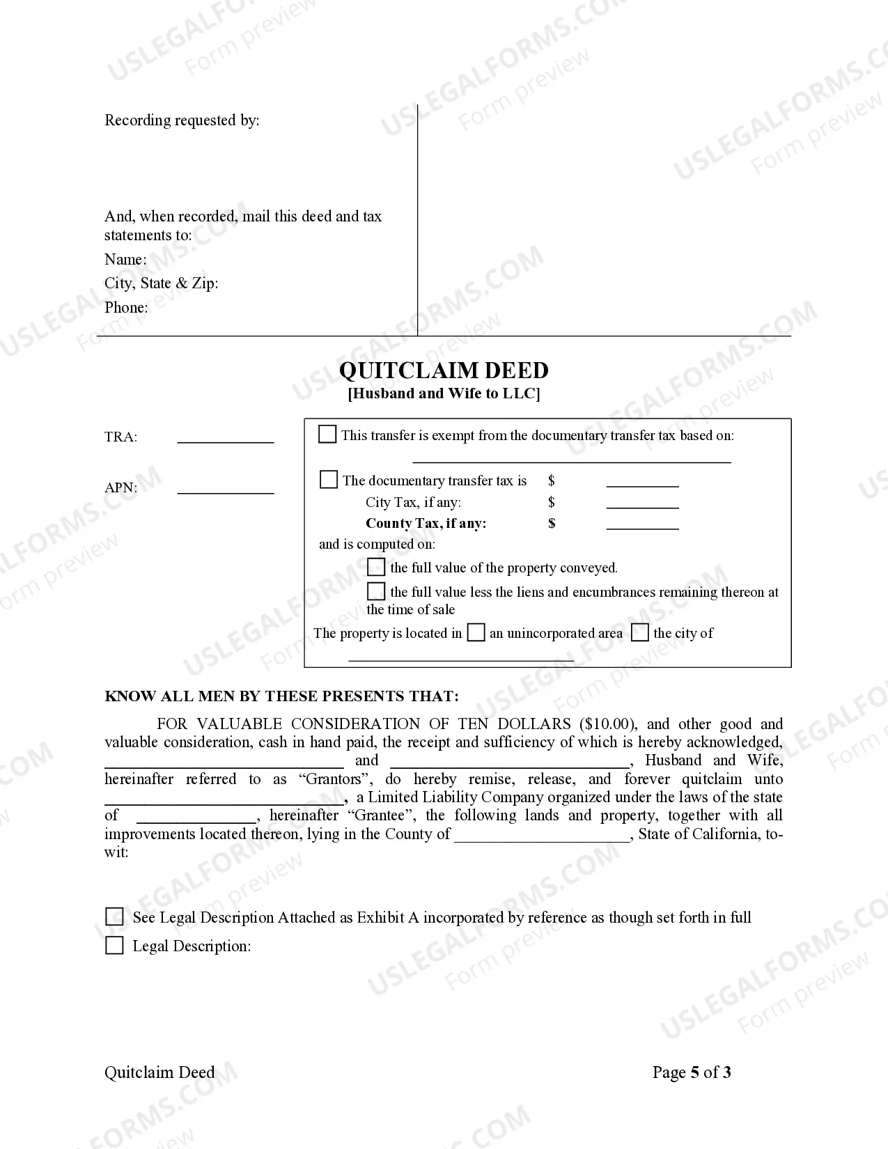 Preview Quitclaim Deed from Husband and Wife to LLC