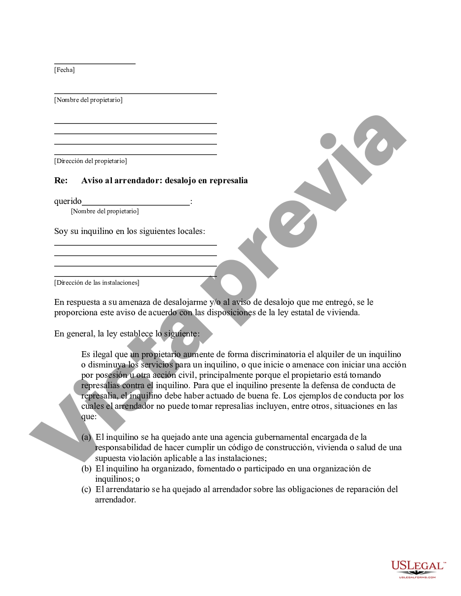 Victorville California Carta del Inquilino al Propietario que contiene un  Aviso al propietario para que cese las amenazas de desalojo en represalia o  el desalojo en represalia - Ejemplo de carta de