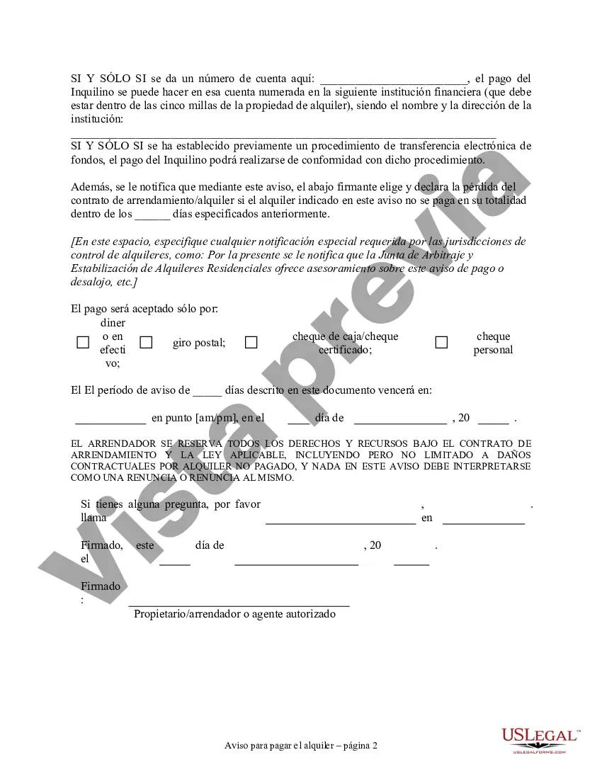 Preview Aviso de 3 días para pagar el alquiler o desalojar la propiedad residencial antes del desalojo