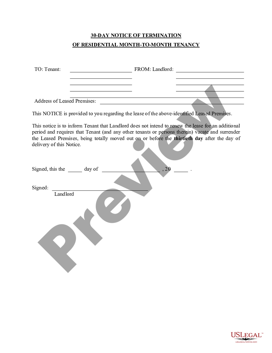 page 0 30 Day Notice of Termination - Residential Month-to-Month Tenancy - Nonrenewal of Lease - California preview
