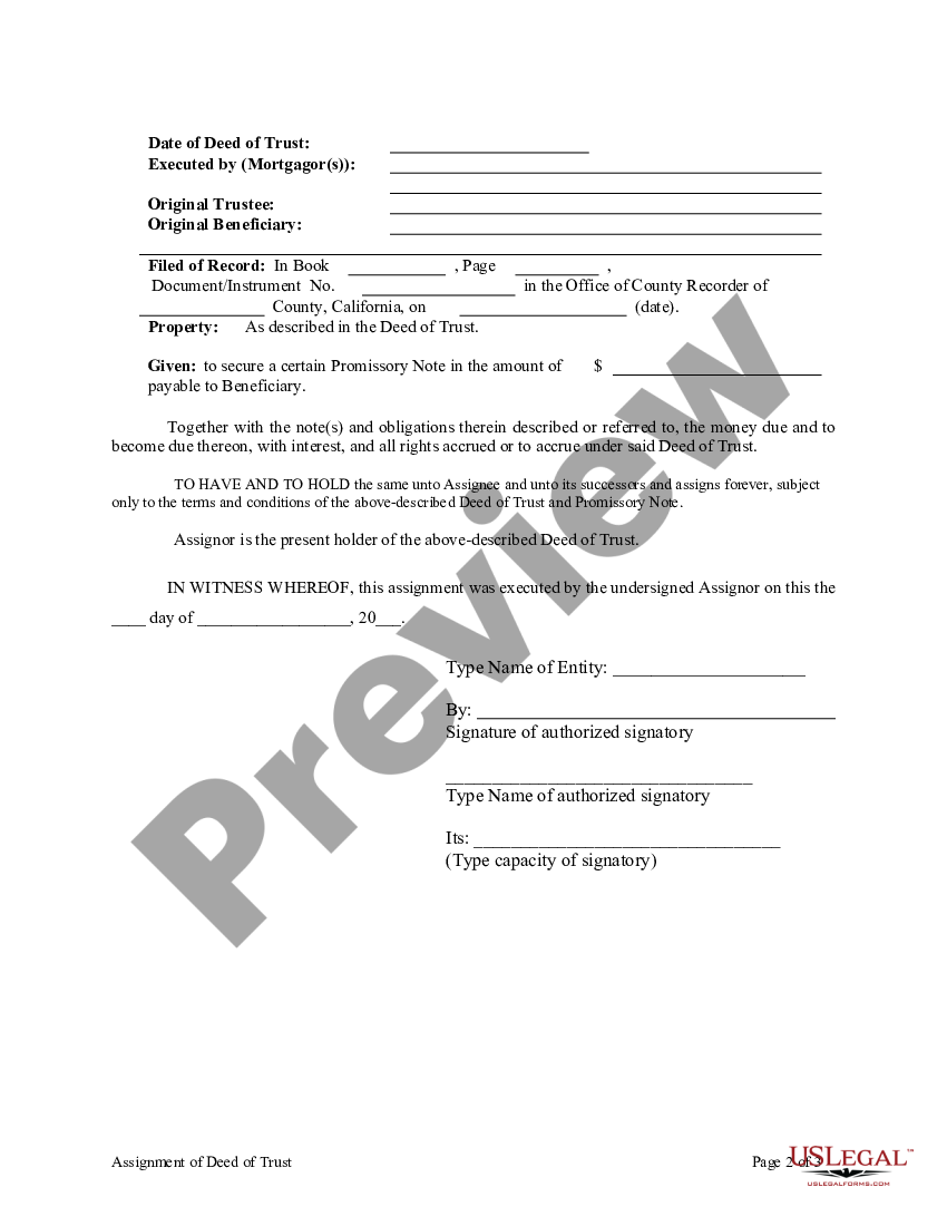 California Assignment Of Deed Of Trust By Corporate Mortgage Holder 