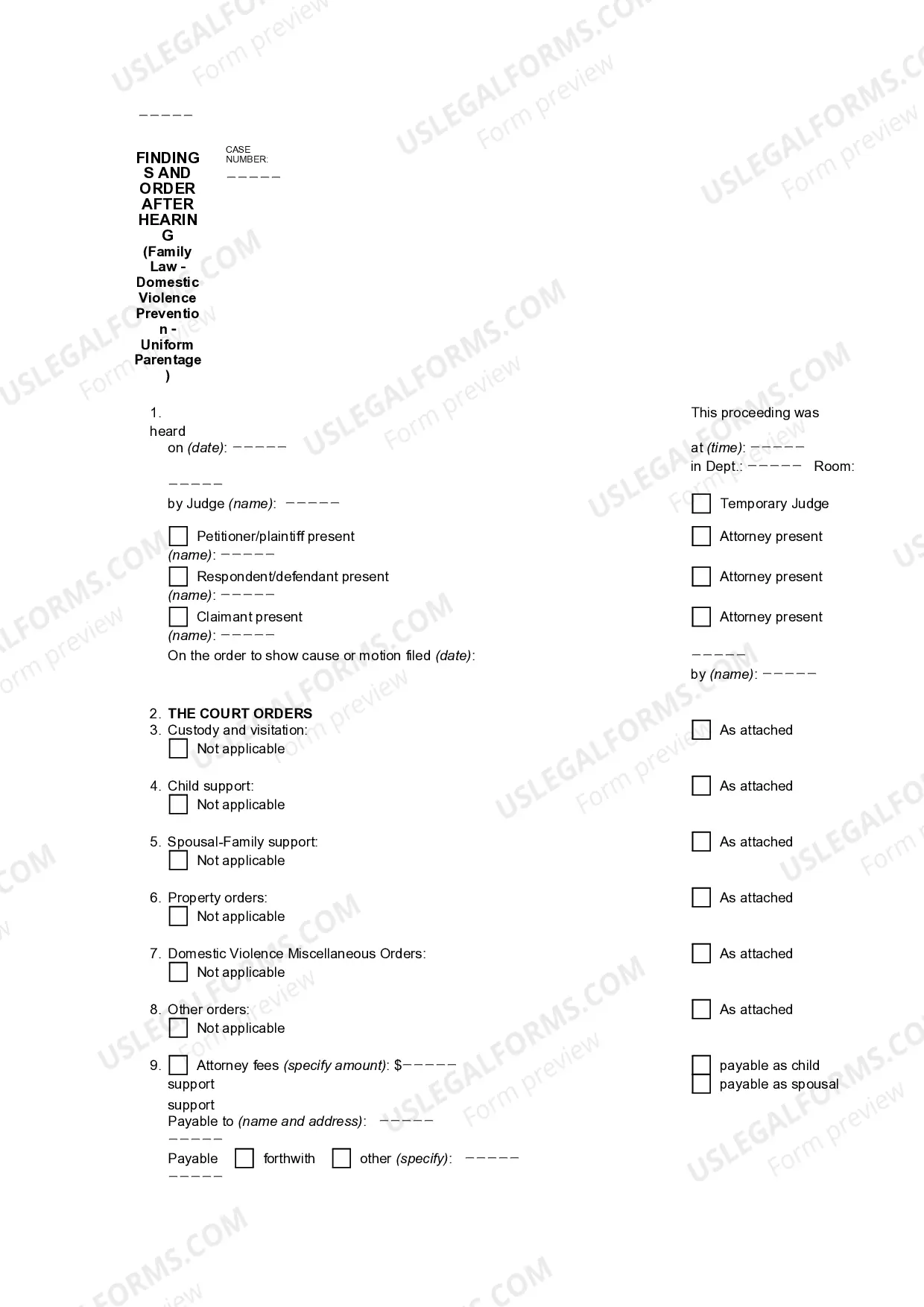 Preview Findings and Order After Hearing - Family Law Domestic Violence Prevention Uniform Parentage