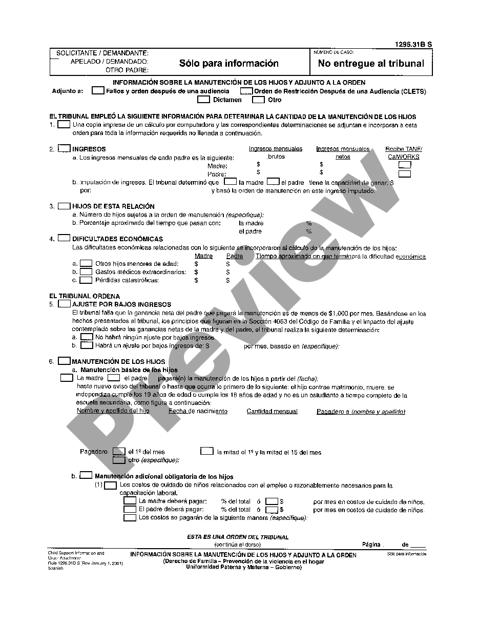 page 0 Child Support Custody and Visitation Order Attachment - Spanish preview