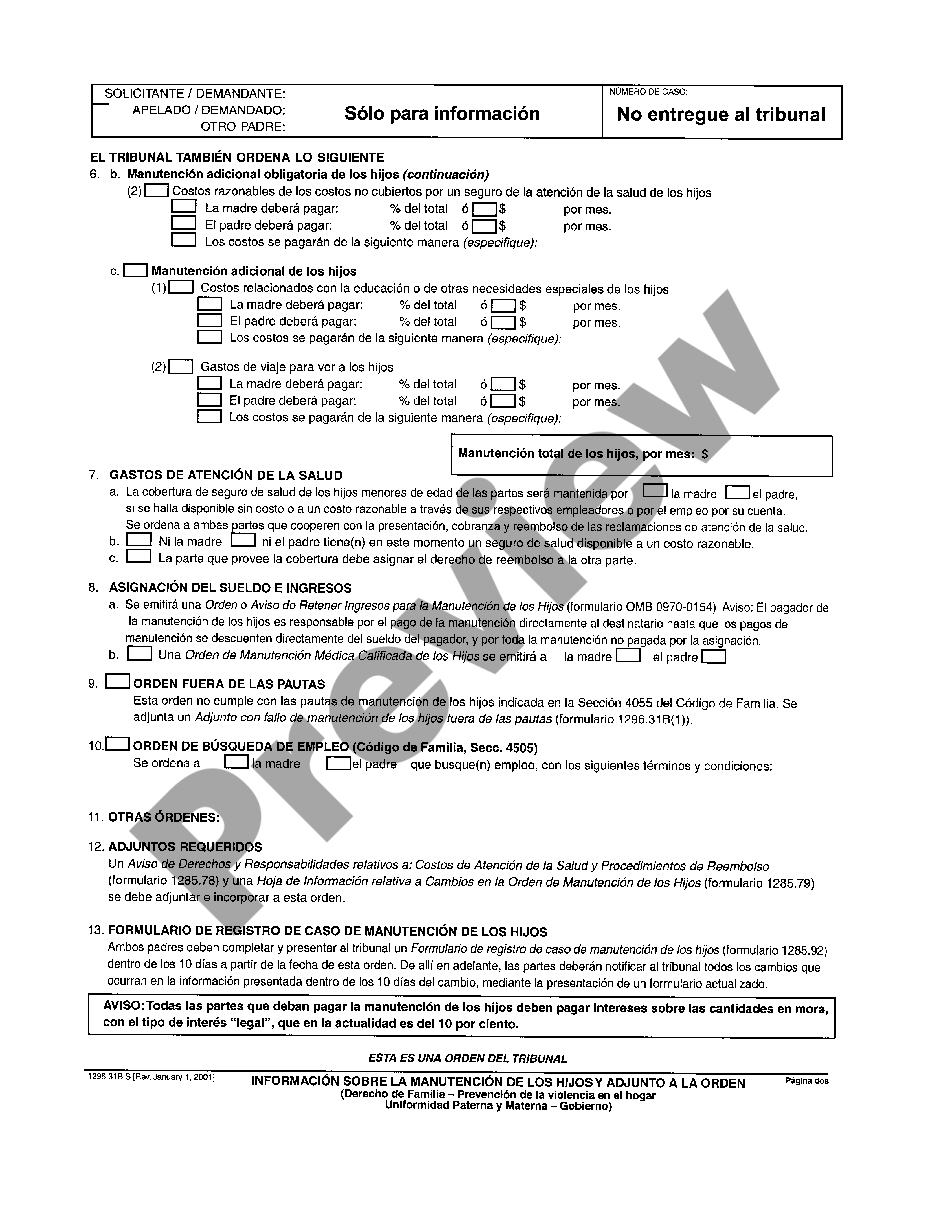 page 1 Child Support Custody and Visitation Order Attachment - Spanish preview