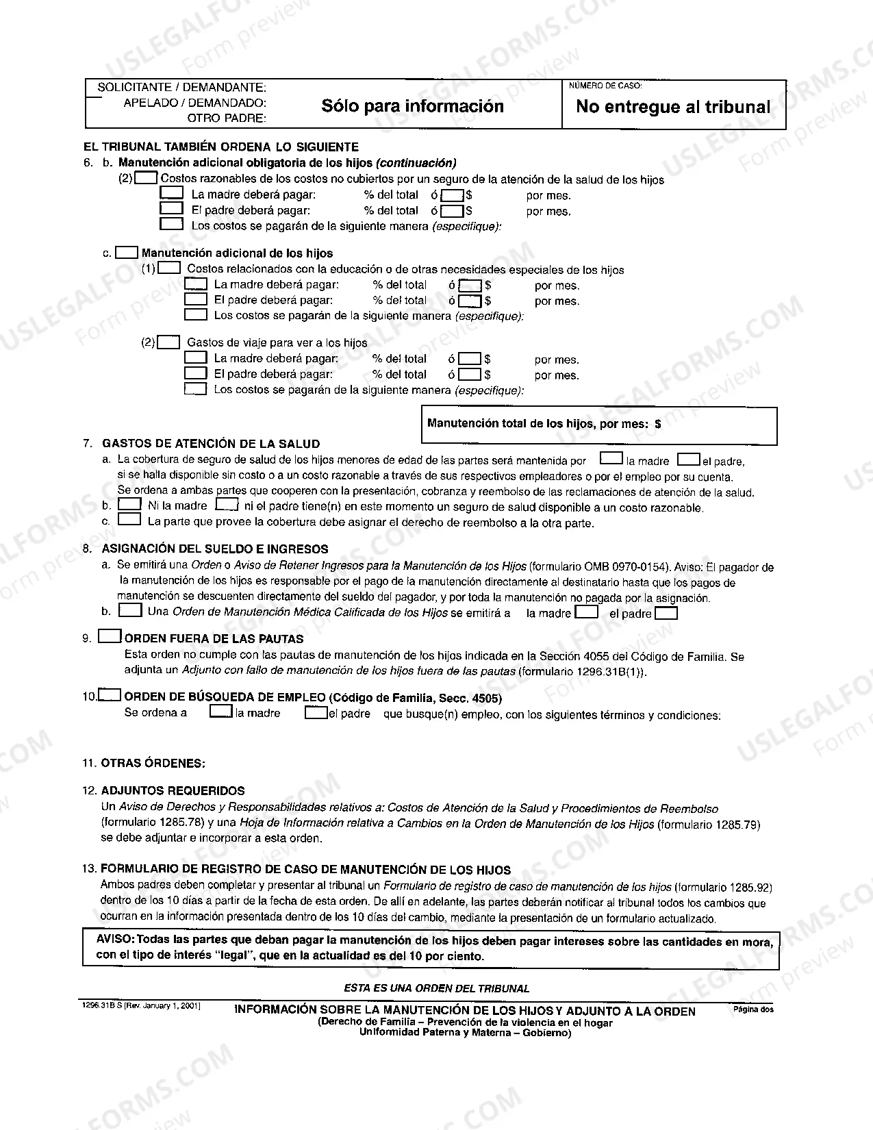 Preview Child Support Custody and Visitation Order Attachment - Spanish