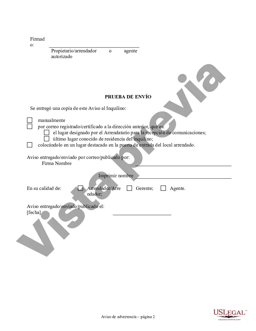 Preview Aviso de Incumplimiento en el Pago del Alquiler como Advertencia Antes de la Demanda de Pago o Terminación de Propiedad No Residencial o Comercial