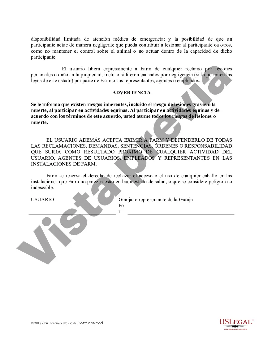 Preview Acuerdo de liberación de instalaciones - Espectáculo o clínica - Formularios equinos de caballos