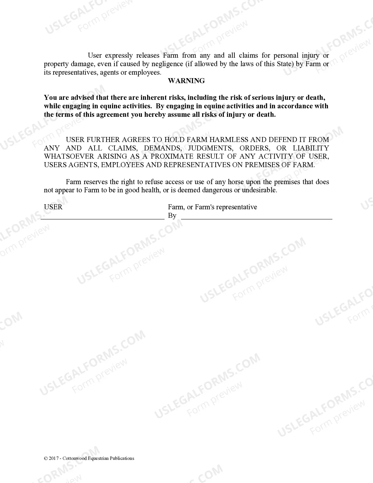 Preview Facility Release Agreement - Show Or Clinic - Horse Equine Forms