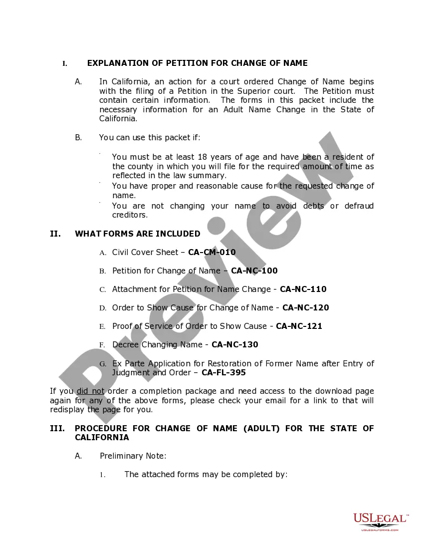 Preview California Name Change Instructions and Forms Package for an Adult