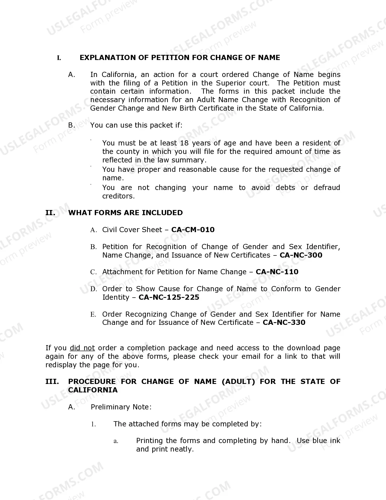Preview California Adult Name Change Package with Recognition of Gender Change and New Birth Certificate