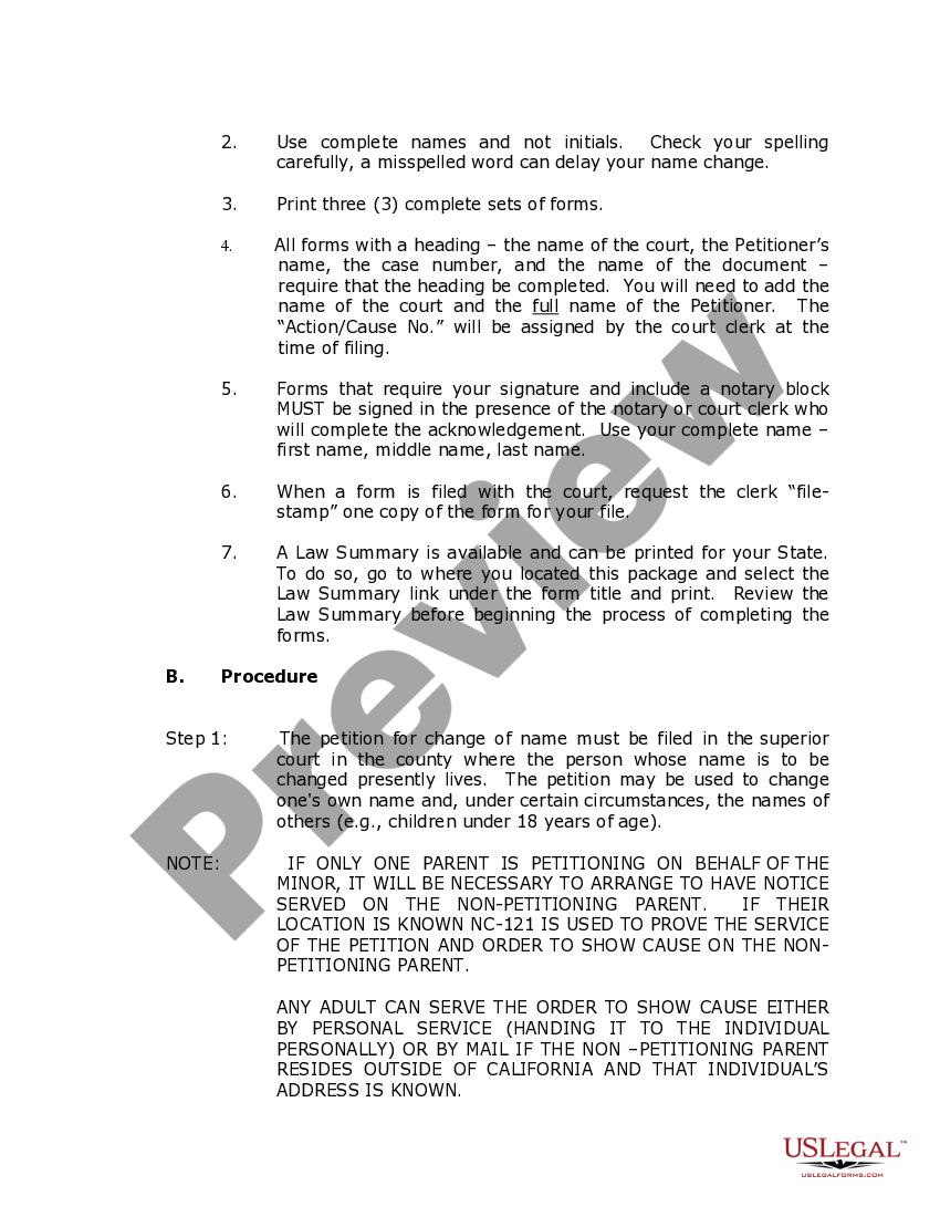 Santa Ana California Minor Name Change Package with Recognition of