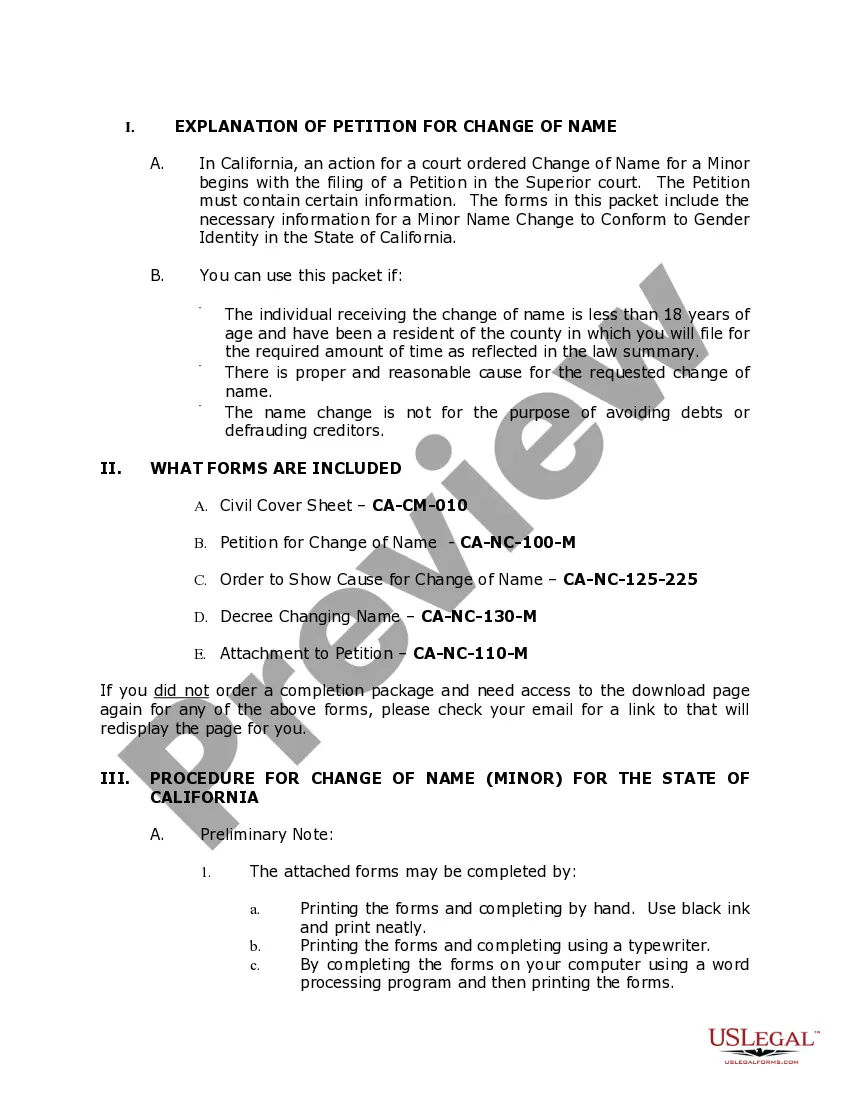 Preview California Minor Name Change Package to Conform to Gender Identity