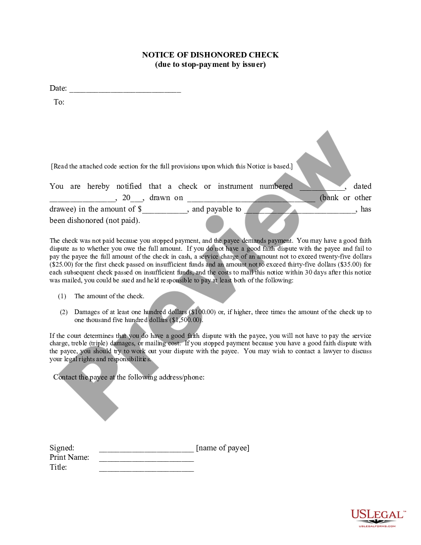 California Notice of Dishonored Check - Civil - Only for Stopped ...