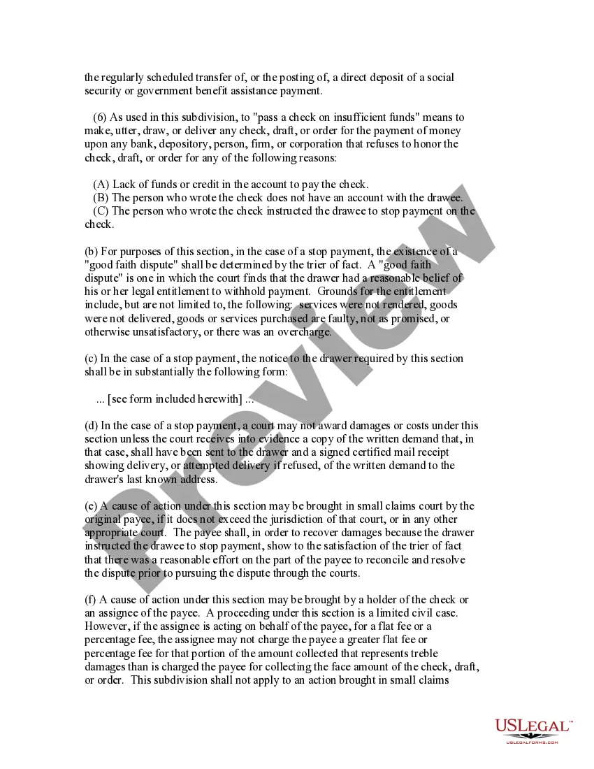 Preview Notice of Dishonored Check - Civil - Only for Stopped Payment - Keywords: bad check, bounced check