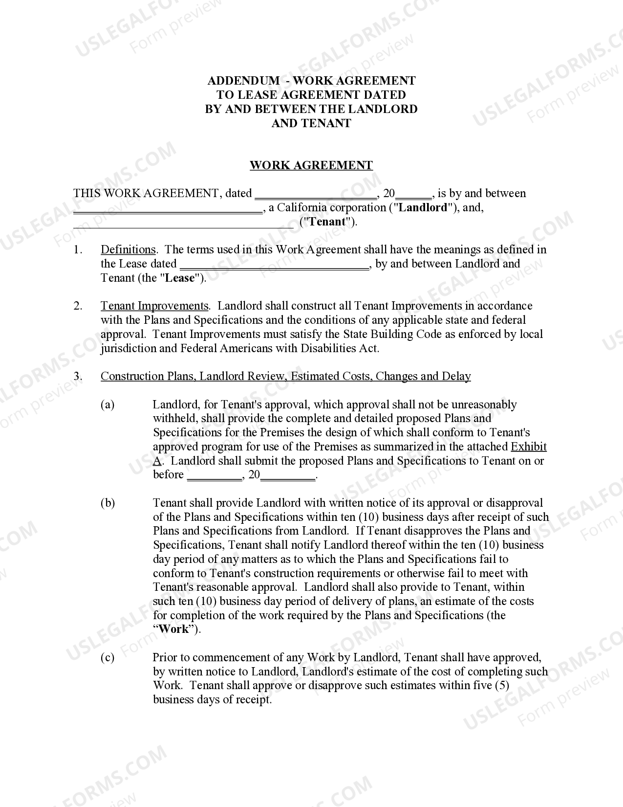California Work Agreement US Legal Forms